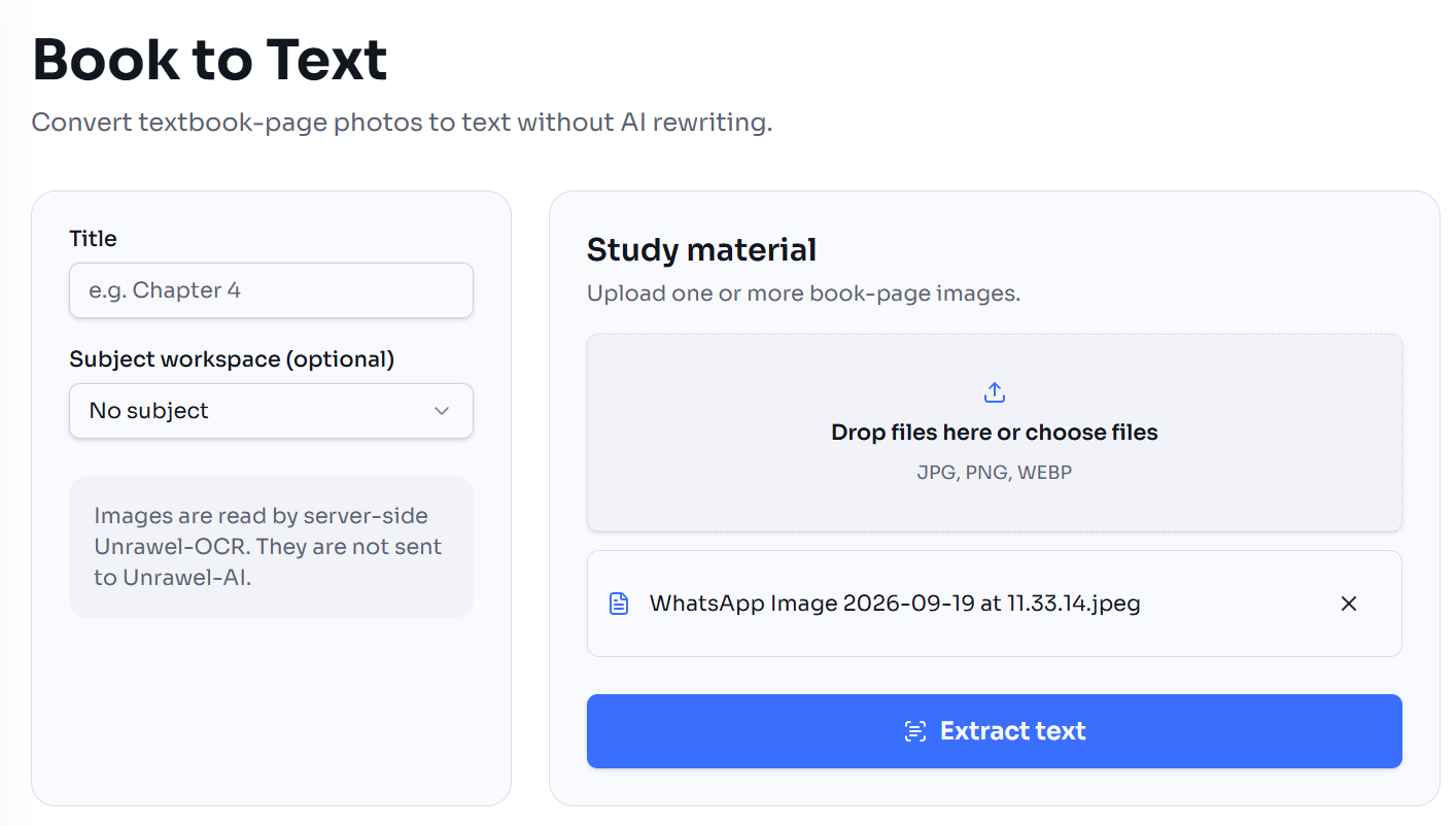 Book to Text screen in Unrawel