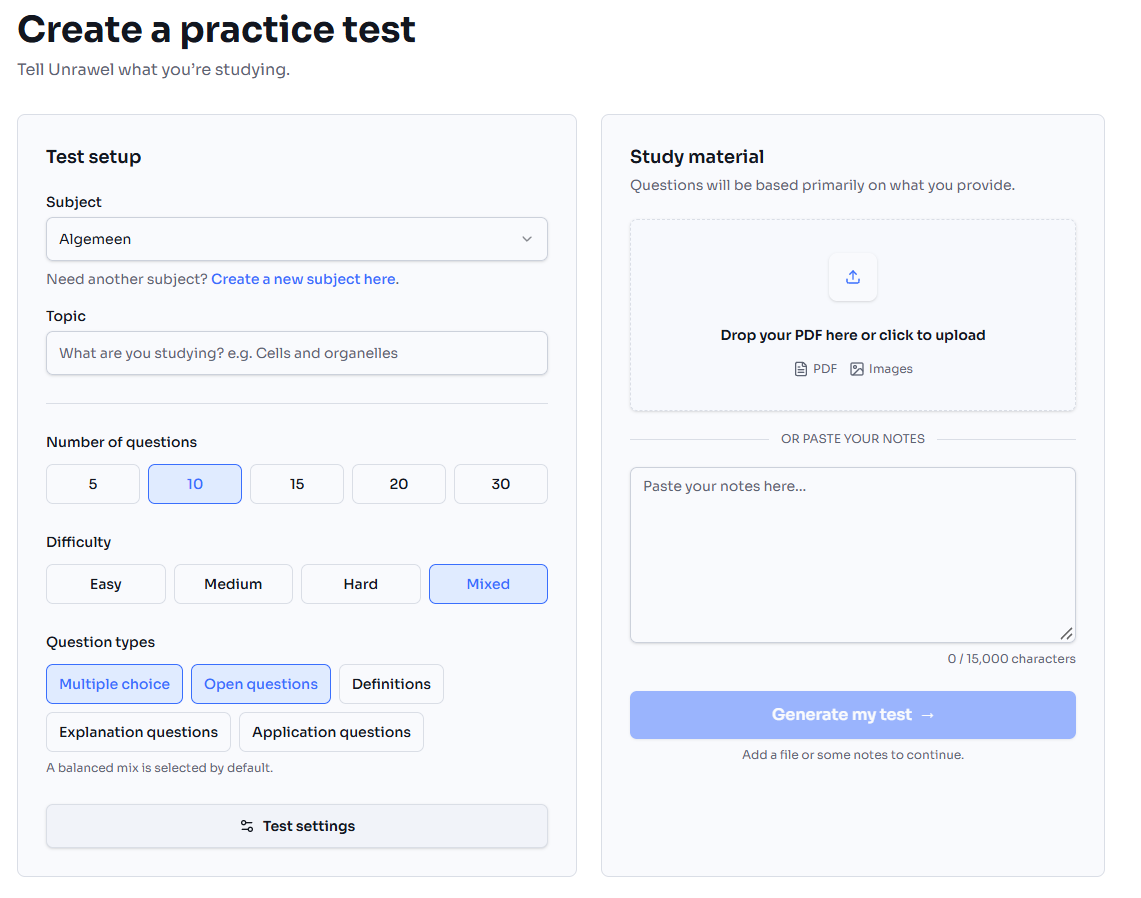 Custom practice tests screen in Unrawel