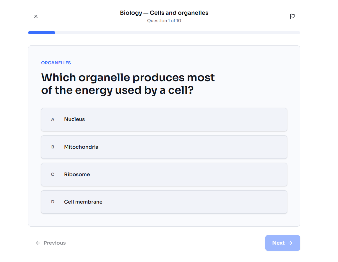 Personalized practice test screen
